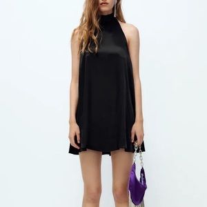 Zara black mini halter satin dress in size S